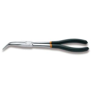 Pince extra-longue à  becs demi-ronds striés coudés à  45Â° branches gainées avec double couche de PVC antidérapant