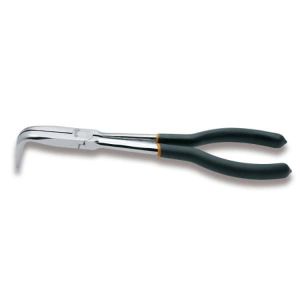 Pince extra-longue à  becs demi-ronds striés coudés à  90Â° branches gainées avec double couche de PVC antidérapant