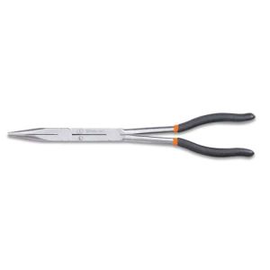 Pince extra-longue à  becs demi-ronds striés avec double articulation, branches gainées avec double couche de PVC antidérapant