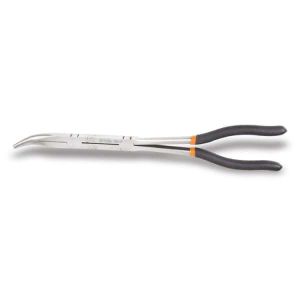 Pince extra-longue à  becs demi-ronds striés coudés à  45Â°, avec double articulation, branches gainées avec double couche de PVC antidérapant