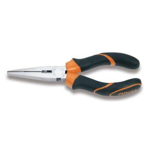 Pince à  becs plats longs striés, chromée, branches gainées confort bi-matières