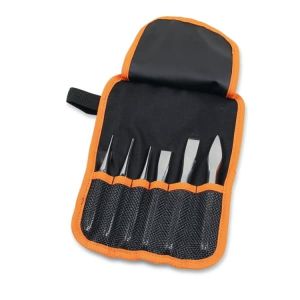 Jeu de 2 poinçons de dérive, 1 poinçon central, 2 ciseaux plats et 1 ciseau à  cape en portefeuille enroulable en polyester