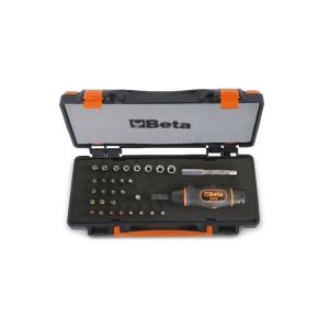 Composition de 1 tournevis dynamométrique, 8 douilles 6 pans, 20 embouts pour visseuses et 2 accessoires en coffret tà´le avec plateau thermoformé souple