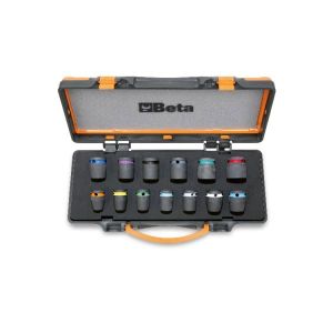 Jeu de 13 douilles à  chocs colorées, carré femelle 1/2", phosphatées, en coffret métallique