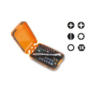 Jeu de 25 embouts pour visseuses, 1 porte-douilles et 1 cliquet réversible en étui de poche