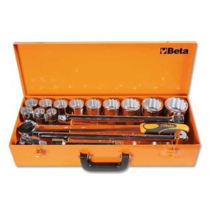 Coffret métallique comprenant 1 cliquet avec 12 douilles 12 pans et 4 accessoires