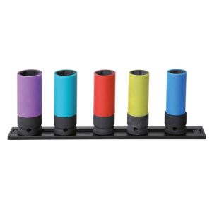 Jeu de 5 douilles à  chocs sur guide magnétique pour écrous de roue, avec inserts en polymère coloré