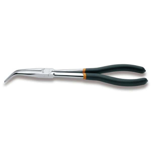 Pince extra-longue à becs demi-ronds striés coudés à 45° branches gainées avec double couche de PVC antidérapant