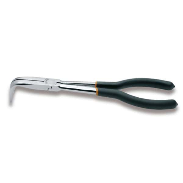 Pince extra-longue à becs demi-ronds striés coudés à 90° branches gainées avec double couche de PVC antidérapant