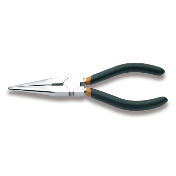 Pince à becs demi-ronds longs striés, chromée, branches gainées avec double couche de PVC antidérapant