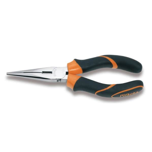 Pince à becs demi-ronds longs striés, chromée, branches gainées confort bi-matières