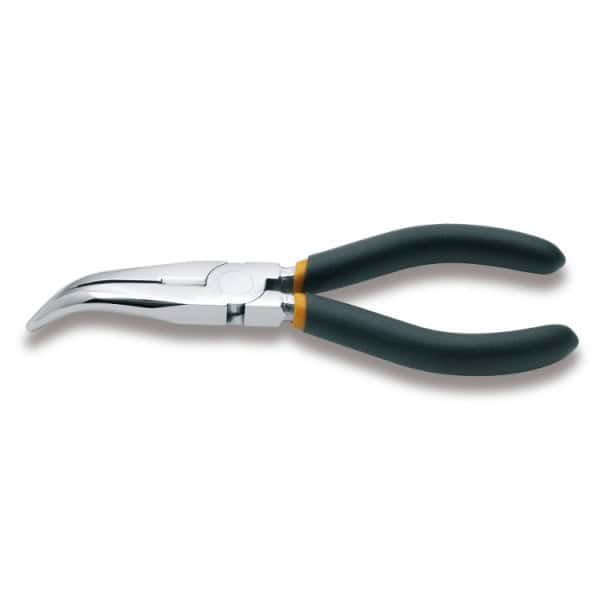 Pince à becs coudés demi-ronds longs striés, chromée, branches gainées avec double couche de PVC antidérapant
