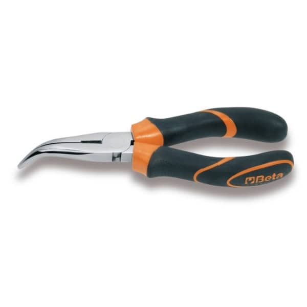 Pince à becs coudés demi-ronds longs striés, chromée, branches gainées confort bi-matières