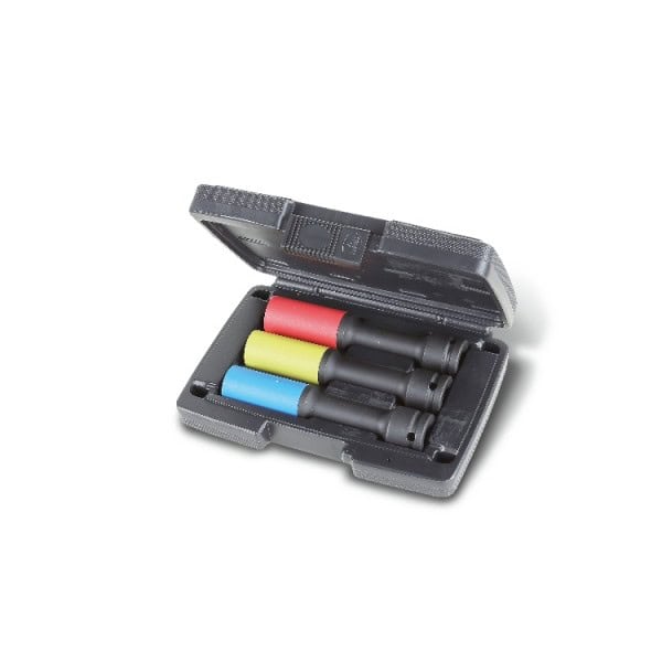 Coffret en plastique de 3 douilles à chocs colorées, série longue, avec embouts polymères pour écrous de roues