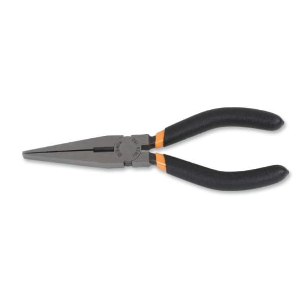 Pince à becs plats longs striés, branches gainées avec double couche de PVC antidérapant, finition industrielle