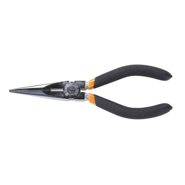 Pince à becs demi-ronds longs striés, branches gainées avec double couche de PVC antidérapant, finition industrielle