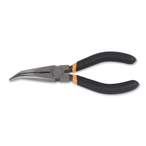 Pince à becs coudés demi-ronds longs striés, branches gainées avec double couche de PVC antidérapant, finition industrielle