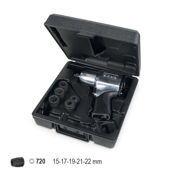 Clé à chocs réversible, en aluminium, fournie avec 5 douilles d’impact, en coffret