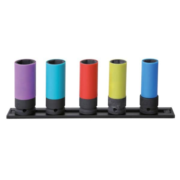 Jeu de 5 douilles à chocs sur guide magnétique pour écrous de roue, avec inserts en polymère coloré