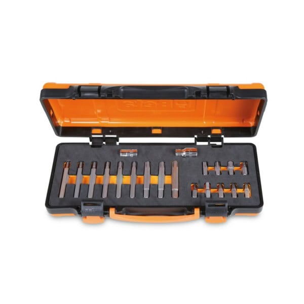 Coffret métallique avec plateau en mousse compacte comprenant 18 embouts pour visseuses pour vis RIBE® avec entraà®nement hexagonal 10 mm et 2 accessoires