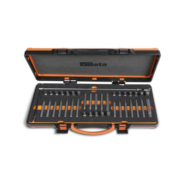 Coffret métallique avec plateau en mousse compacte comprenant 38 embouts avec entraà®nement hexagonal de 10 mm et 1 porte-embouts à cardan