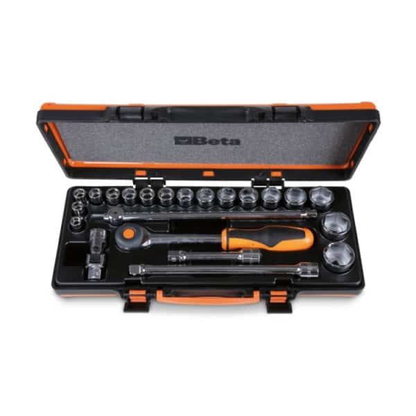 Coffret métallique avec plateau thermoformé rigide comprenant 1 cliquet avec 17 douilles 6 pans et 5 accessoires