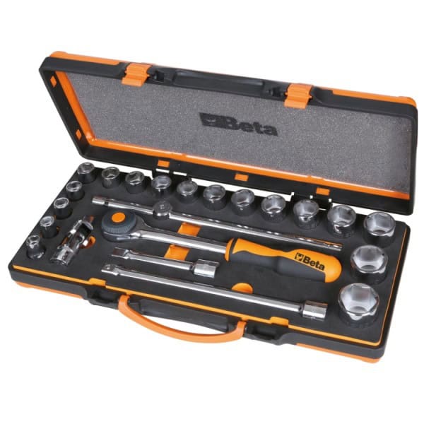 Coffret métallique avec plateau en mousse compacte comprenant 1 cliquet avec 17 douilles 6 pans et 5 accessoires
