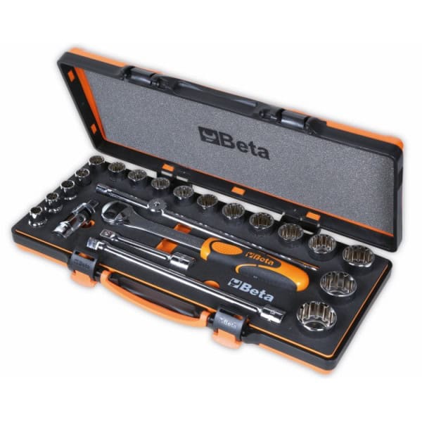 Coffret 1/2 composé de 17 douilles multi empreintes et 5 accessoires, dans un plateau en mousse