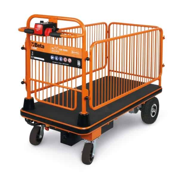 Chariot à plate-forme électrique, avec barrières sur les 4 cotés.